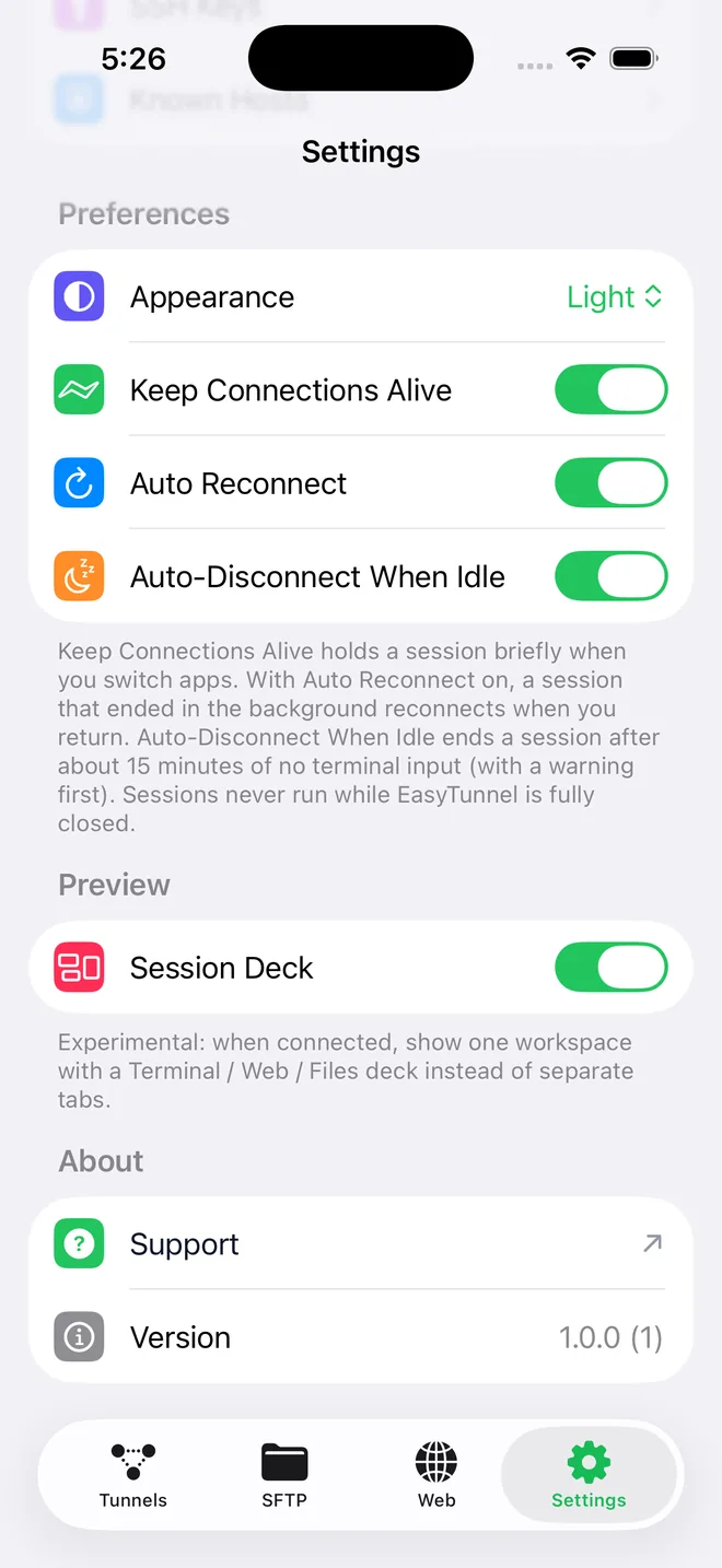 EasyTunnel settings in dark mode